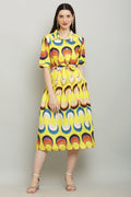 PAVONINE Zig-Zag Multi-Colors Printed Crepe Fabric Yellow Dress For Women | Grocsy