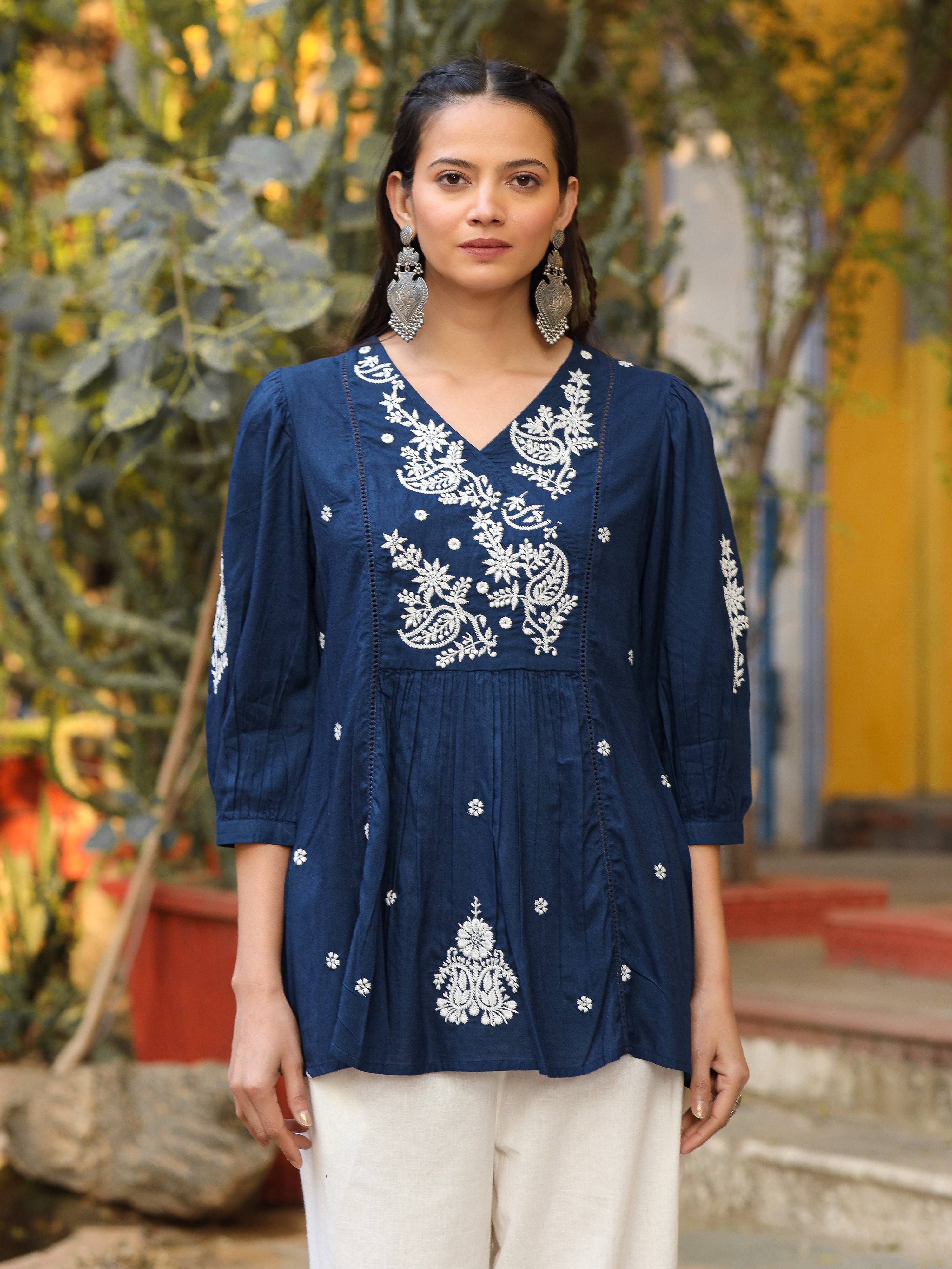 Juniper Women Navy Blue Rayon Embroidered Tunic | Grocsy