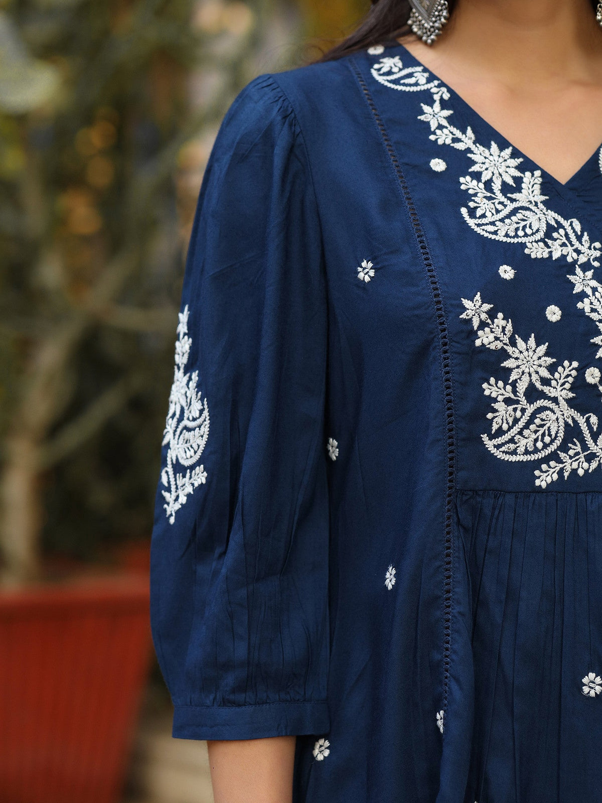 Juniper Women Navy Blue Rayon Embroidered Tunic | Grocsy