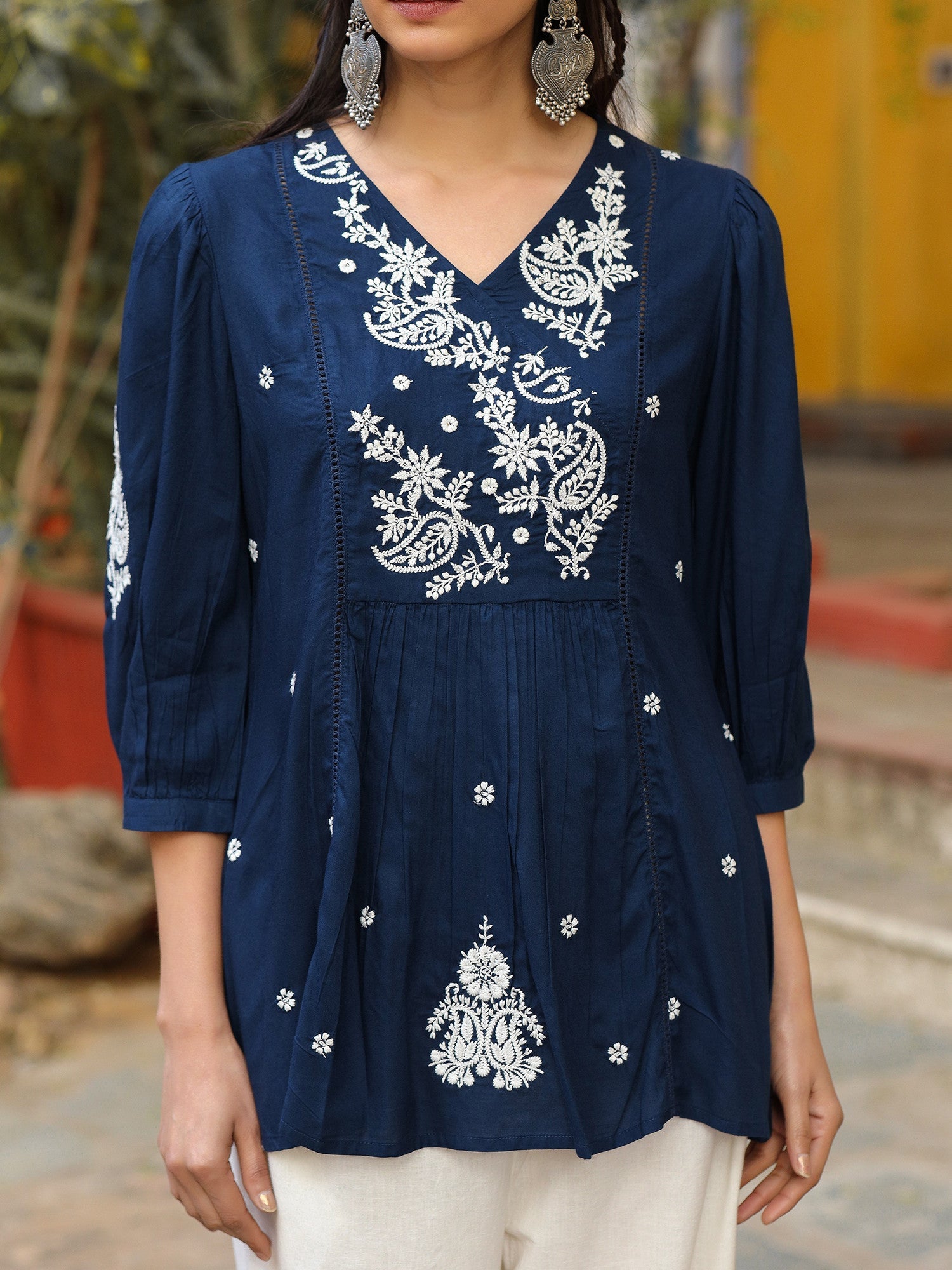Juniper Women Navy Blue Rayon Embroidered Tunic | Grocsy