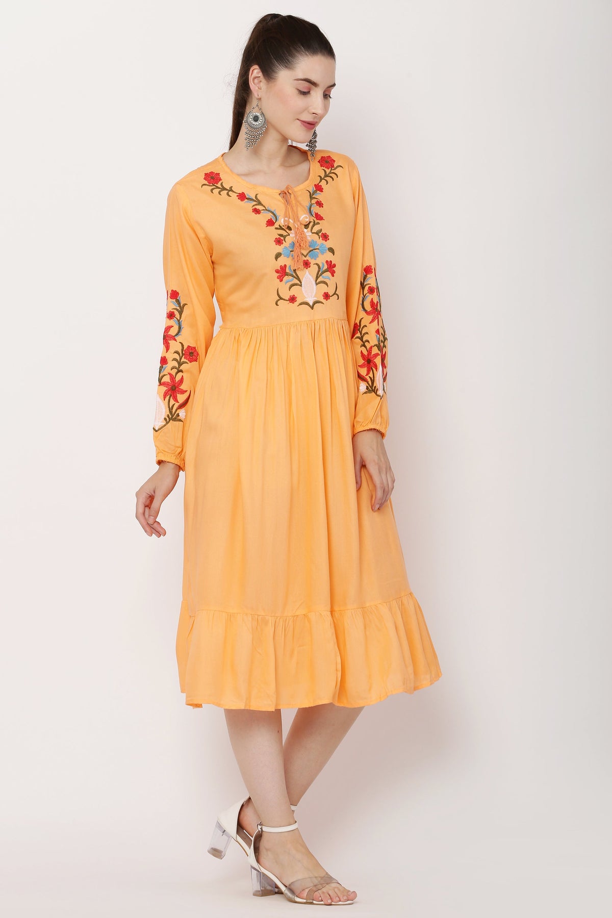 PAVONINE Peach Color Flower Embroidery Dress For Women | Grocsy