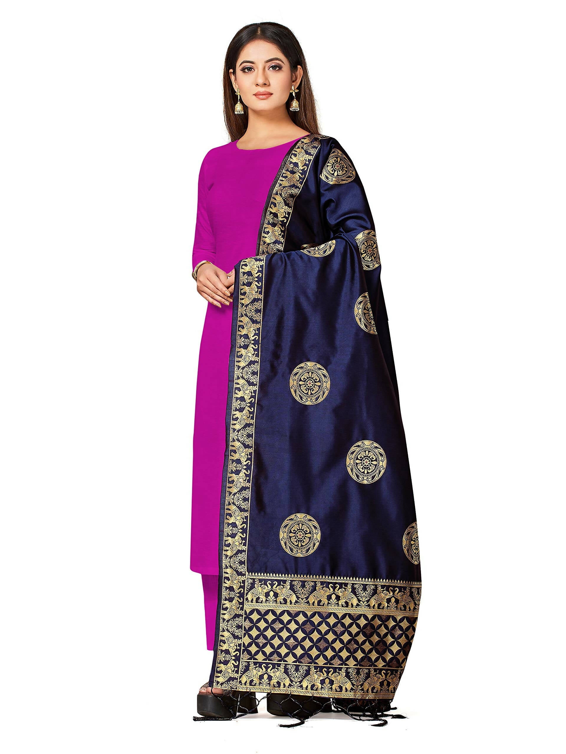 Mimosa Women's Banarasi Art Silk Navy Dupatta | Grocsy