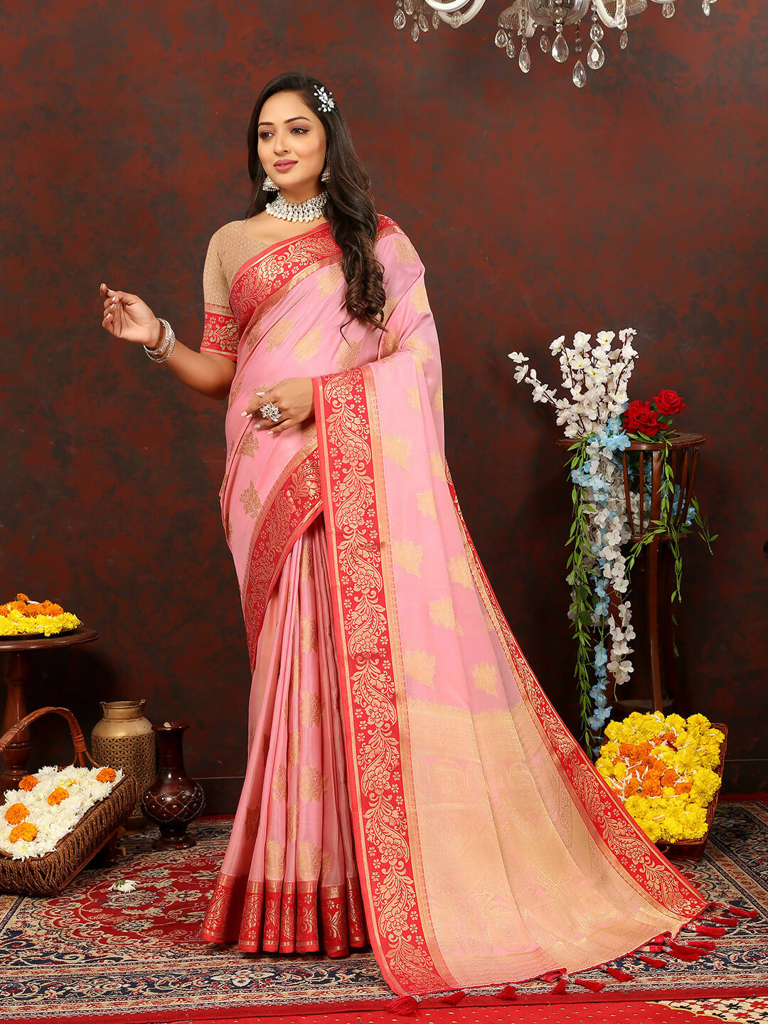 Lorenvalley Fashion Pink Cotton Woven Design with Zari Weaving Design Saree | Grocsy