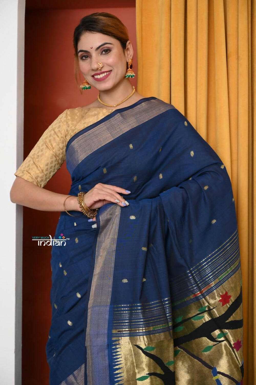 Very Much Indian Handloom Pure Cotton Paithani Saree- Royal Blue | Grocsy