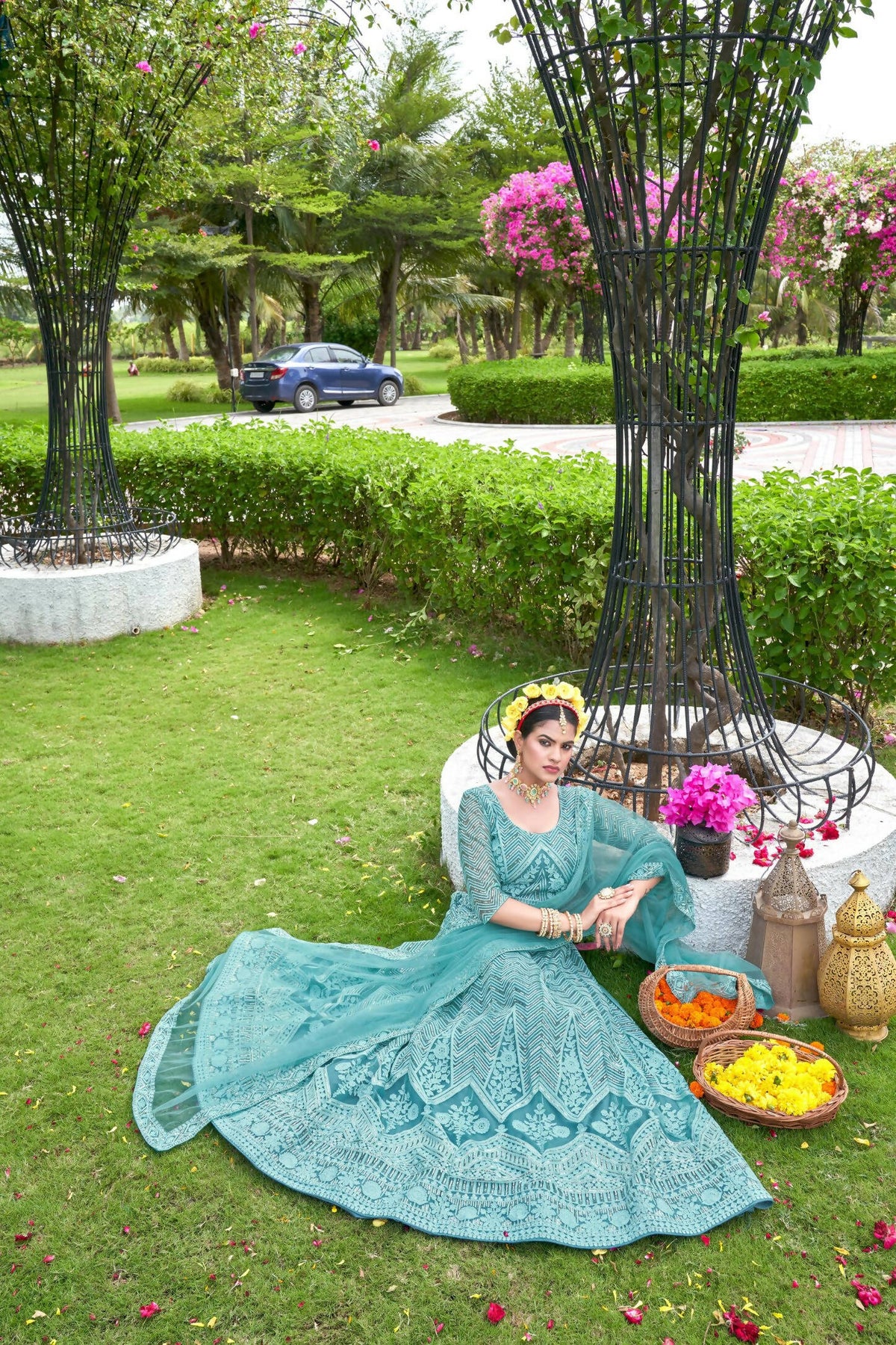 Blue Net Embroidered Semi Stitched Lehenga Choli with Dupatta - Bhagya | Grocsy