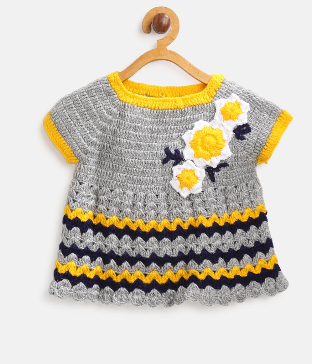 ChutPut Hand knitted Crochet Bumblebee Wool Dress For Baby Girls - Grey | Grocsy