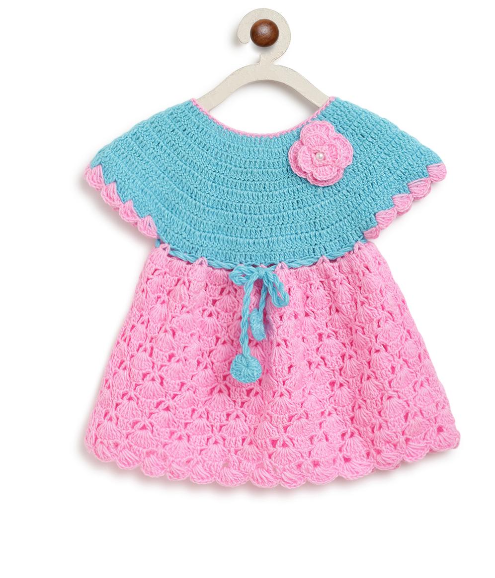 ChutPut Hand knitted Crochet BubbleGum Wool Dress For Baby Girls - Pink | Grocsy