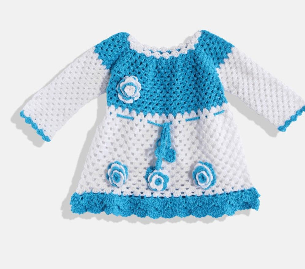 ChutPut Hand knitted Crochet AquaWool Dress For Baby Girls - Blue | Grocsy
