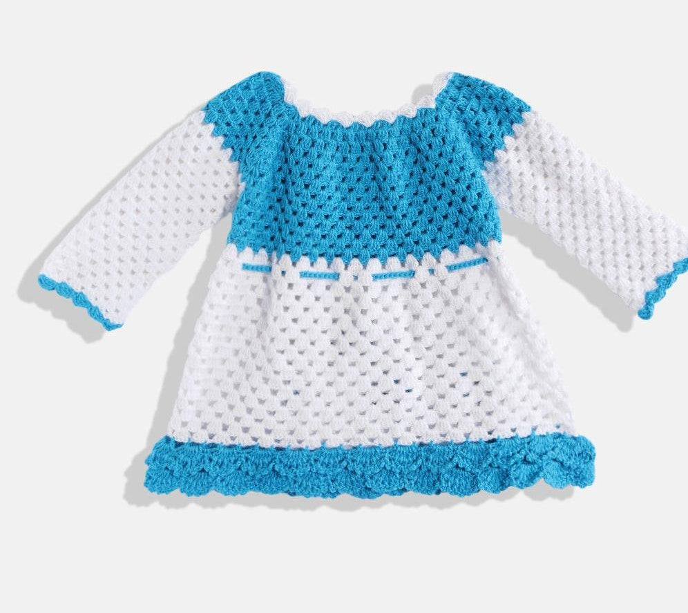 ChutPut Hand knitted Crochet AquaWool Dress For Baby Girls - Blue | Grocsy