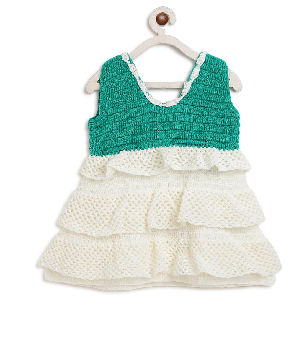 ChutPut Hand knitted Crochet Floral Evening Dress For Baby Girls - Cream | Grocsy