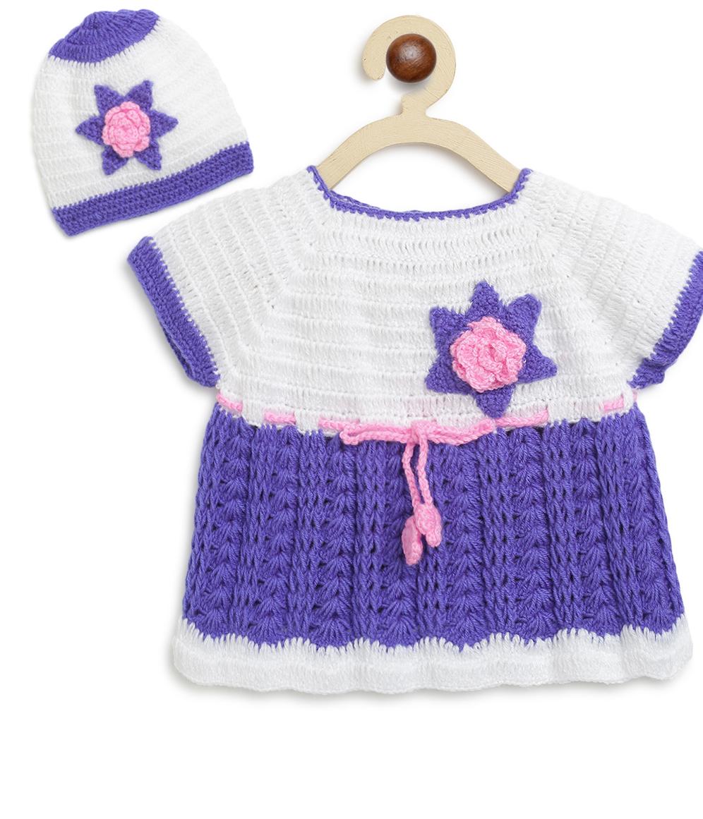 ChutPut Hand knitted Crochet Cute Wool Dress For Baby Girls - Purple | Grocsy
