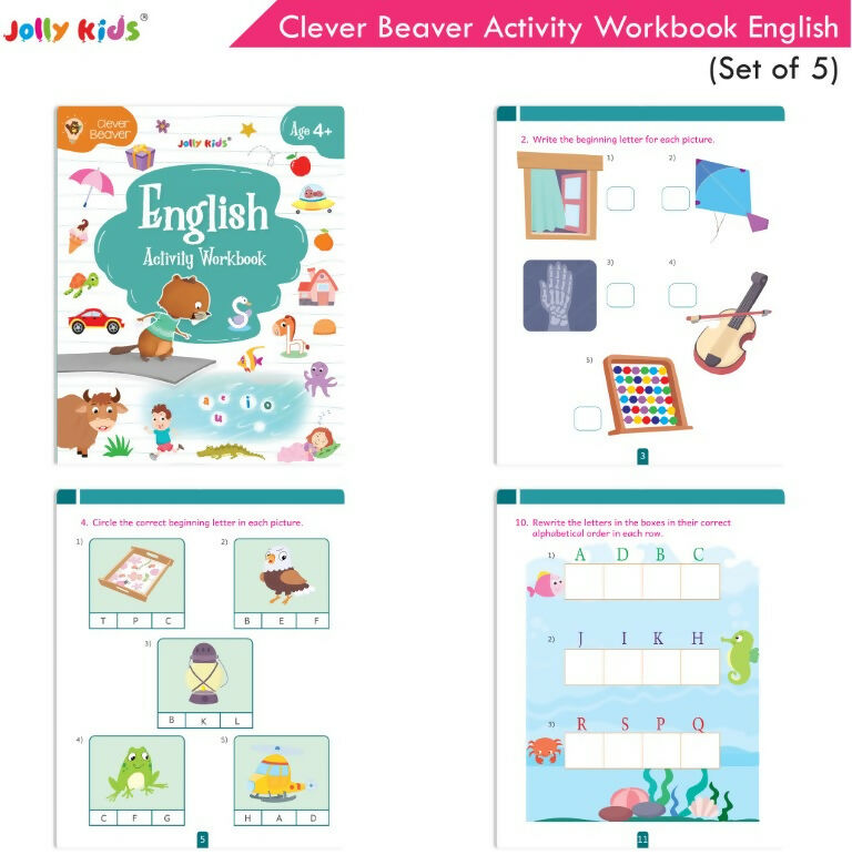 Jolly Kids Clever Beaver Ages 4-5 Years Fun Learning Activities Workbooks Set of 5 | English-Maths-EVS-Good Habit-Logical Reasoning | Grocsy