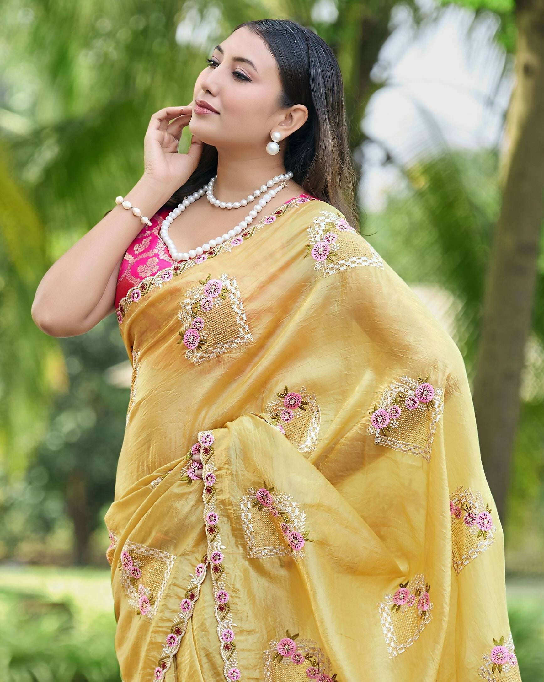 Teeya Creation Yellow Color Pure Paper Silk Heavy Embroidery Work Wedding Wear Saree | Grocsy