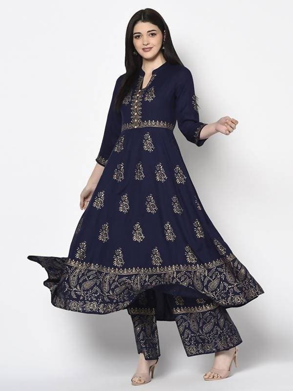 Aniyah Rayon Navy Blue Color Block Print Flared Slip-On Palazzo (AN-211K) | Grocsy