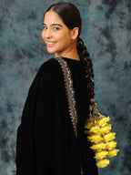 Ruby Raang Gold Gota Pati Work And Yellow Rosses With Black Thread & Golden Stones | Grocsy
