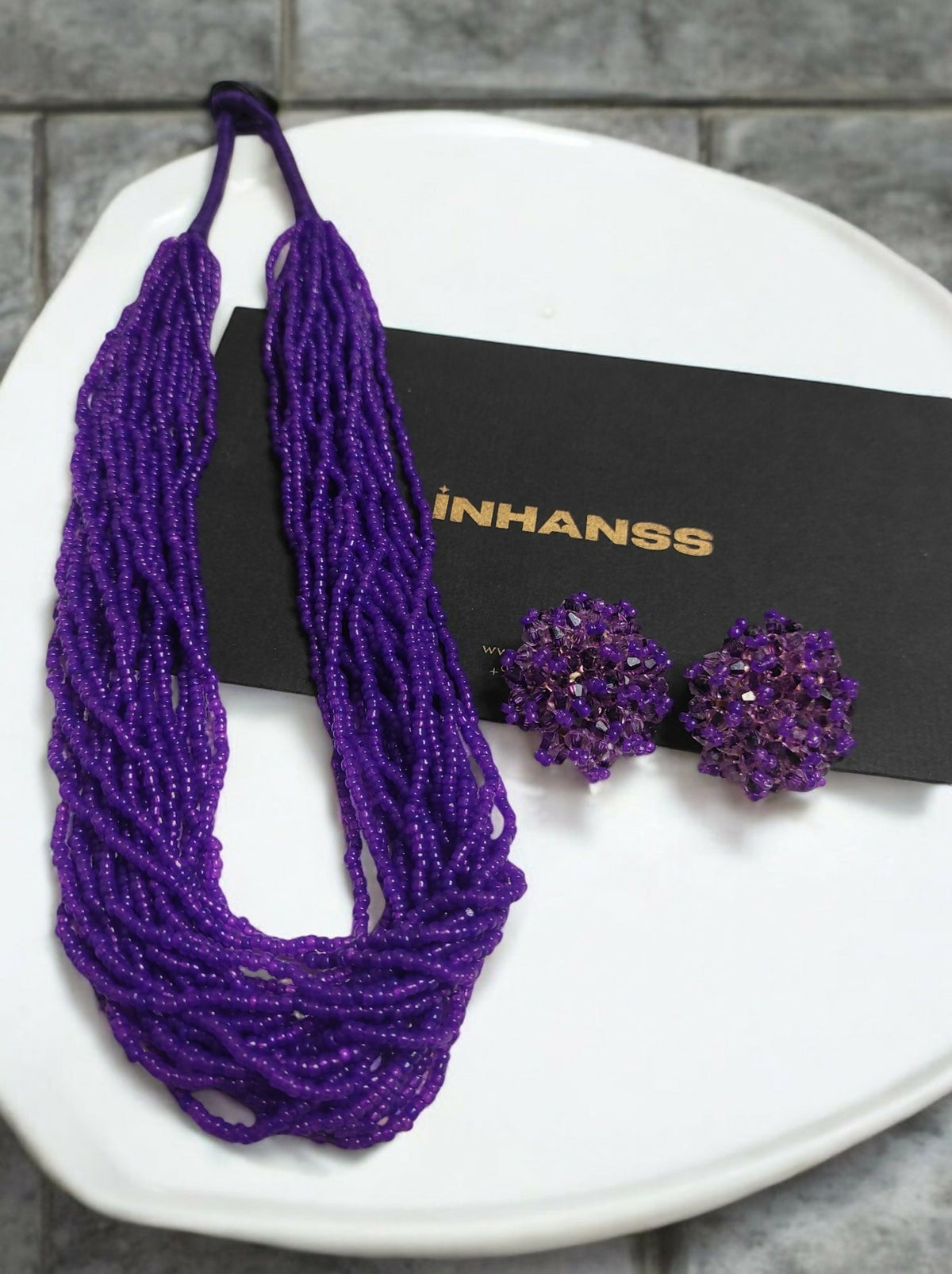 Inhanns Vibrant Handmade 20 Layers Beaded Necklace With Matching Earrings - Purple | Grocsy