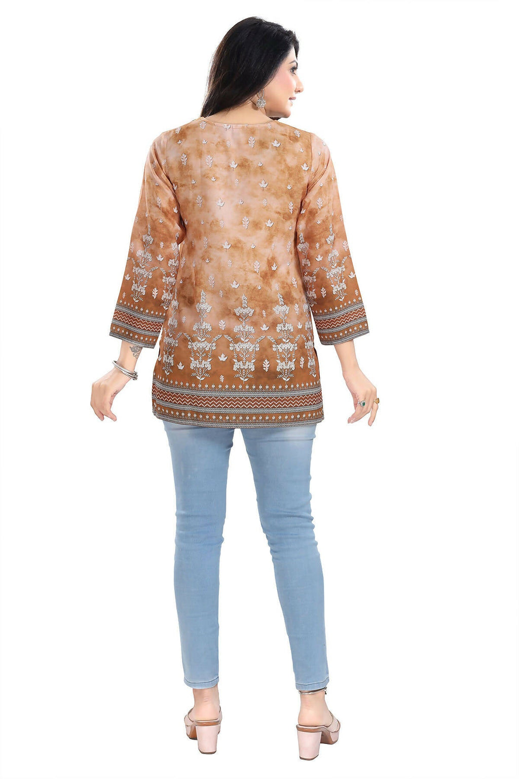 Snehal Creations Rustic Brown Faux Crepe Printed Short Kurti Tunic Top | Grocsy