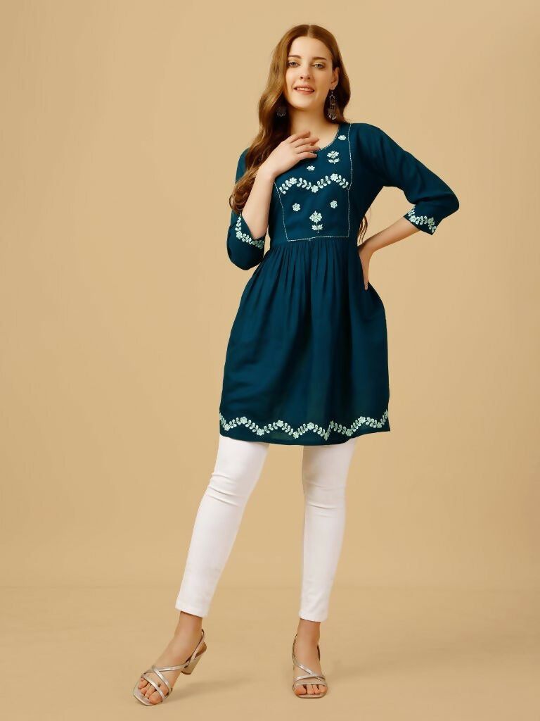Jyoti Fashion Women's Blue Viscose Rayon Embroidered Casual Top | Grocsy