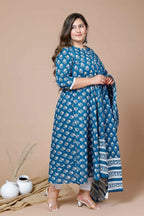 Miravan Women's Plus Size Blue Printed Anarkali Kurta With Dupatta | Grocsy