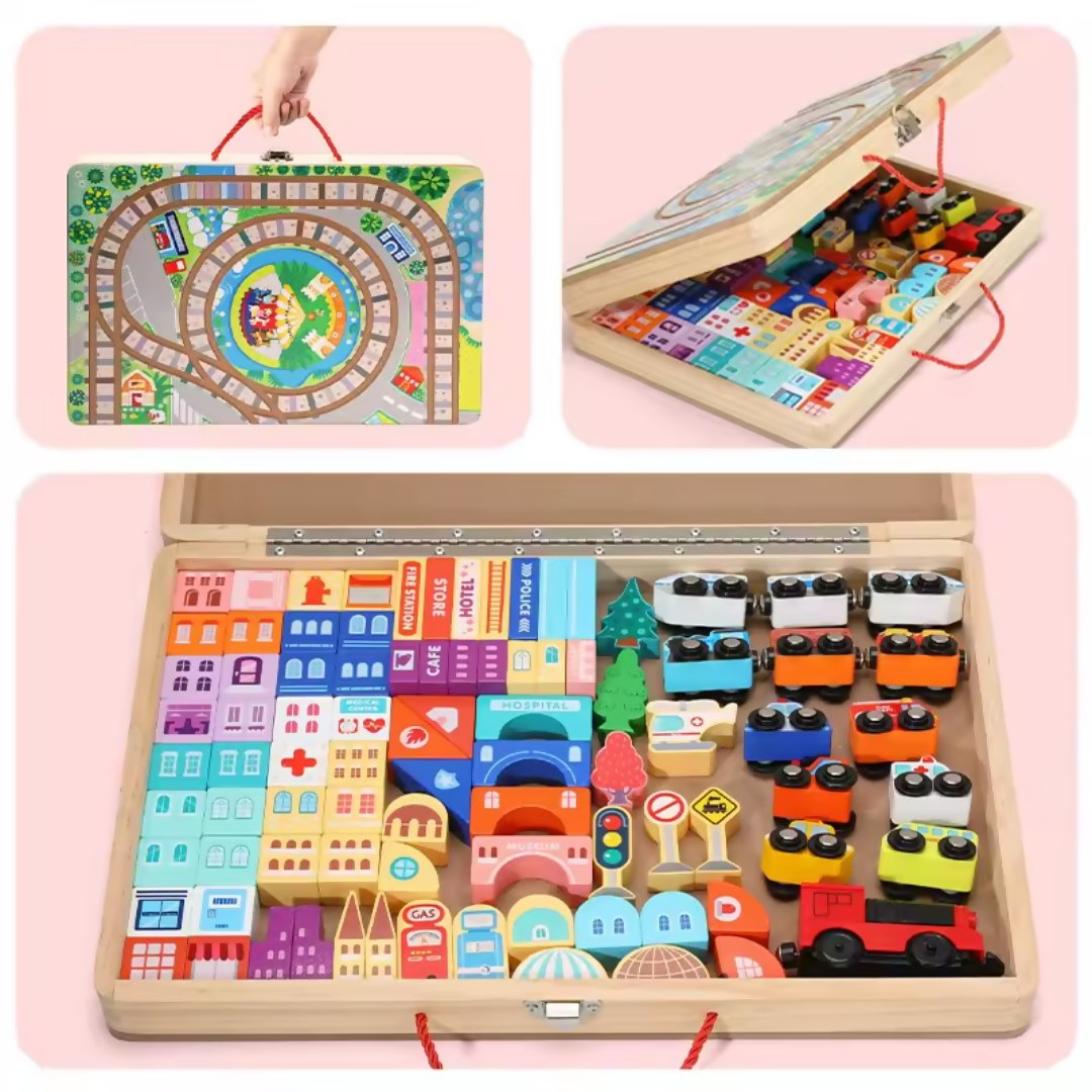 Nesta Toys Wooden Train Set with Building Blocks, Montessori Toys, City Building Toy, Cars & Vehicle Toys for Kids | Grocsy