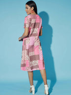 Myshka Women Multi-Geometric Rayon A-Line V-Neck Dress | Grocsy