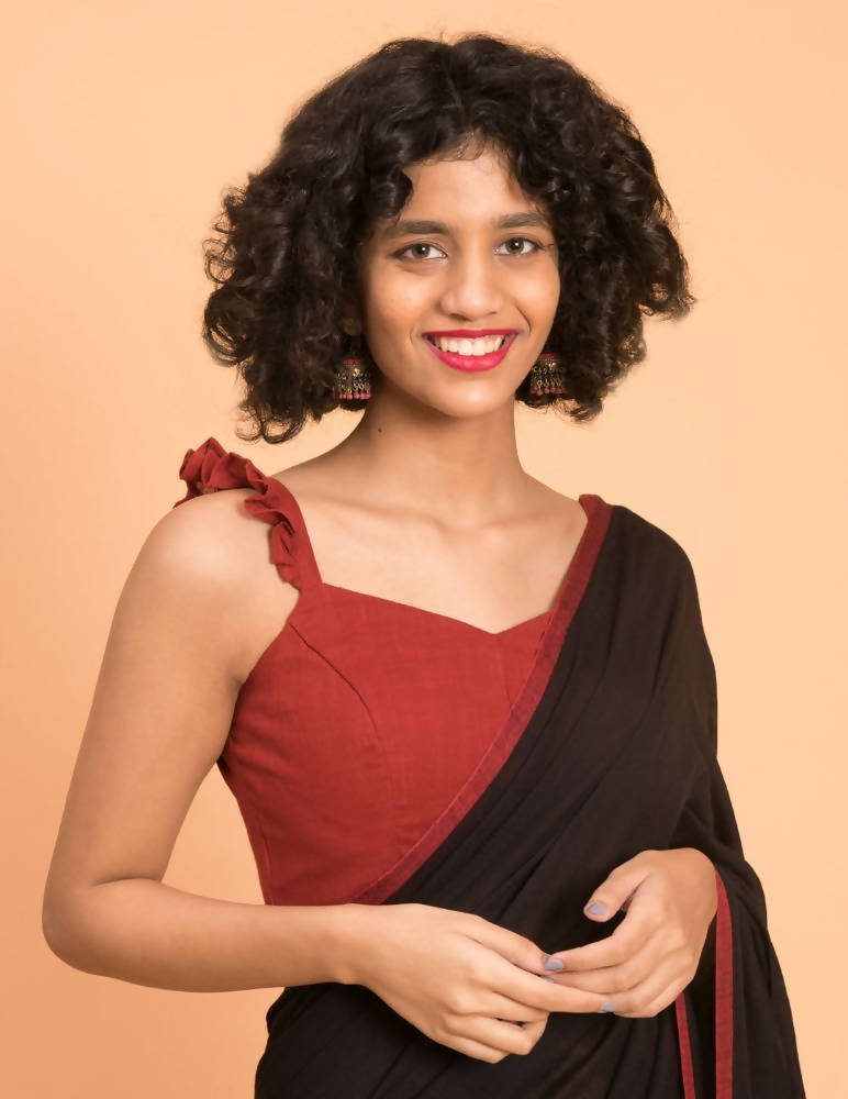 Suta Black Maroon Solid Cotton Saree | Grocsy
