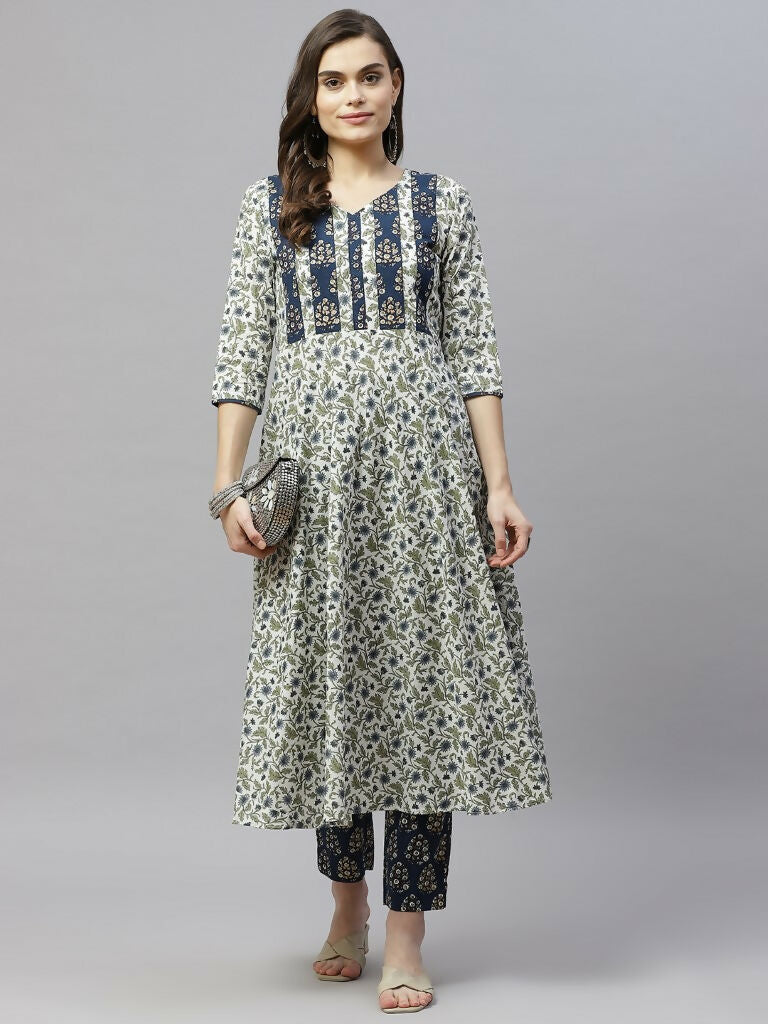 Miravan Women's Floral Printed Anarkali Pure Cotton Kurta With Palazzo Set | Grocsy