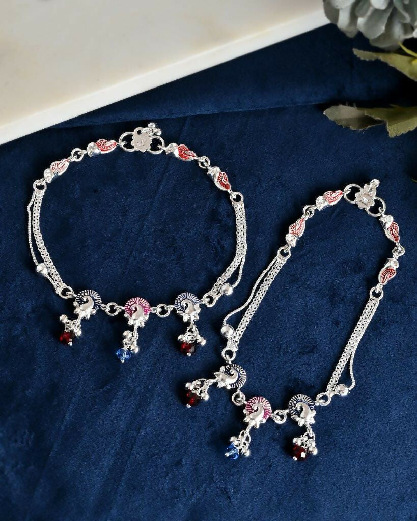 VOJ Set of 2 Silver Plated Peacock Shaped Multi Color Anklet | Grocsy