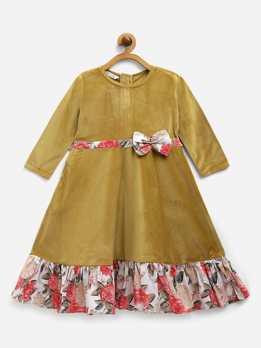 Ahalyaa Mustard Velvet Plain Kids Frilled Kurta For Girls | Grocsy
