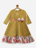 Ahalyaa Mustard Velvet Plain Kids Frilled Kurta For Girls | Grocsy