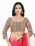 Joban Fashion Blue Multi Silk Padded Blouse With Sweetheart Neck 3/4 Sleeves | Grocsy