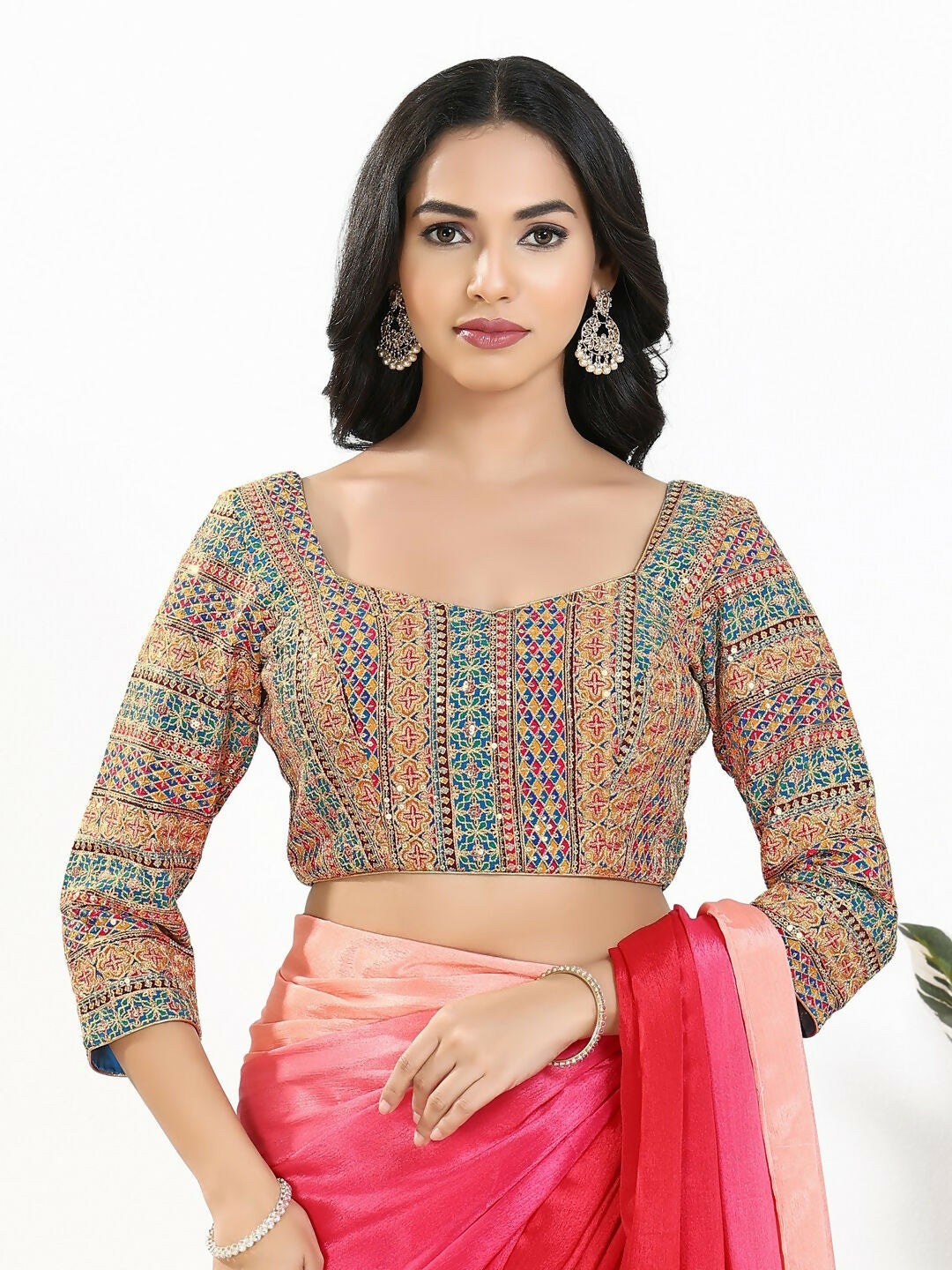 Joban Fashion Blue Multi Silk Padded Blouse With Sweetheart Neck 3/4 Sleeves | Grocsy