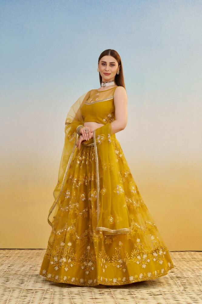 Aastha Fashion Mustard Yellow Butterfly Net Tone To Tone Cotton Thread Work And Sequence Work Embroidery Wedding Wear Lehenga Choli | Grocsy