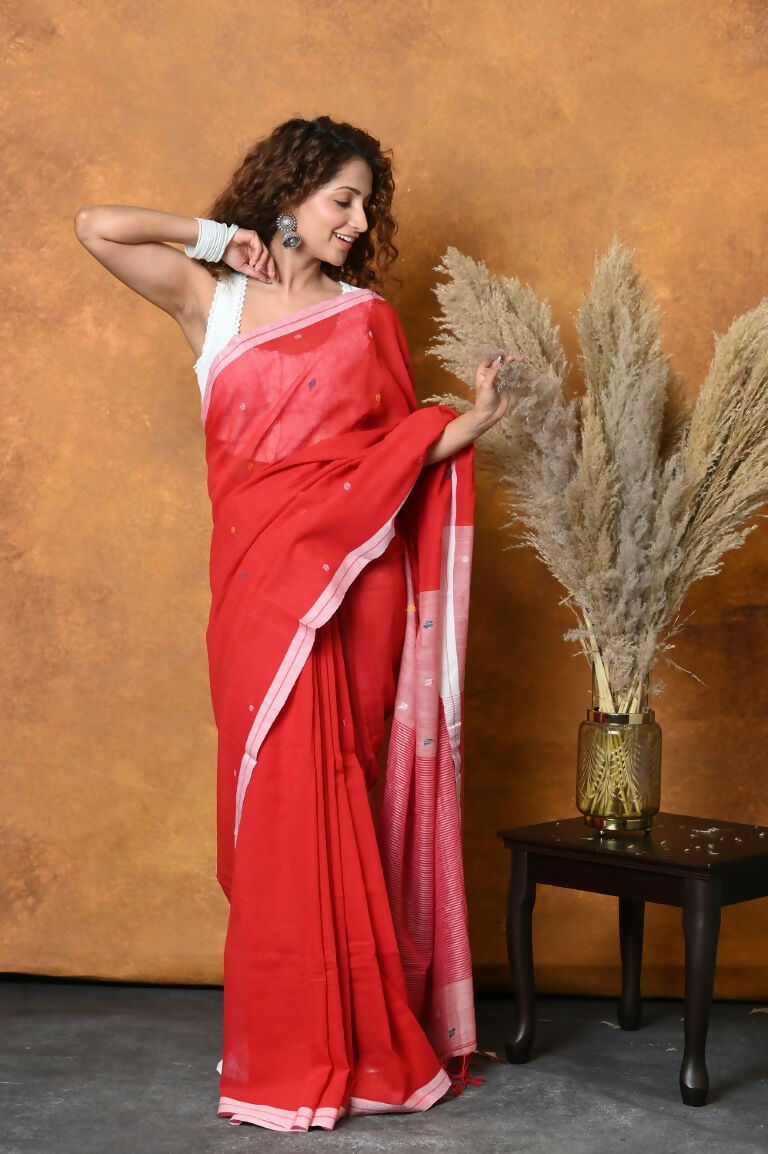Very Much Indian Pure Cotton Handloom Saree with Buttis & Sleek Border - Red | Grocsy