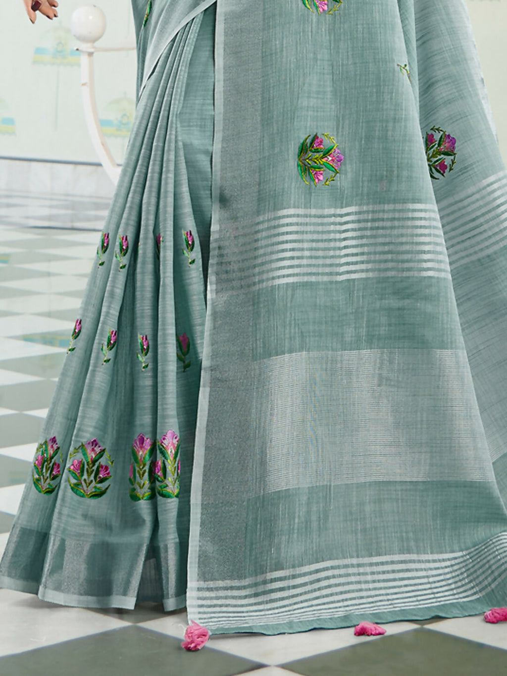 Shree Shyam Fashion Linen Sea Green Saree | Grocsy