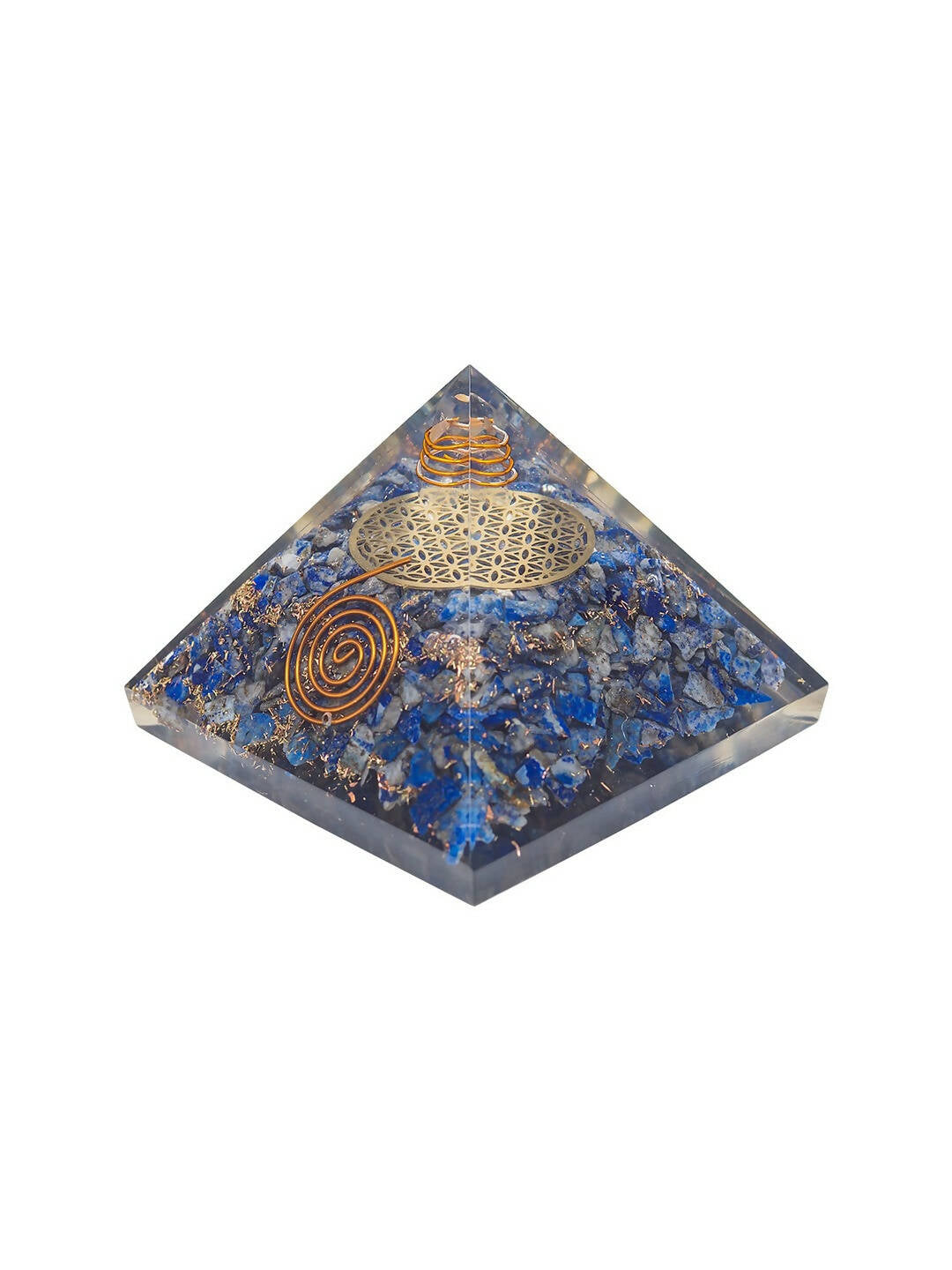 Golden Peacock Blue & Gold-Toned Lapis Lazuli Orgone Stone Pyramid Prism Paperweight | Grocsy
