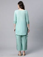 Ahalyaa Women Teal Pure Cotton Gold Foil Printed Pakistani Style Kurta Palazzo Set | Grocsy