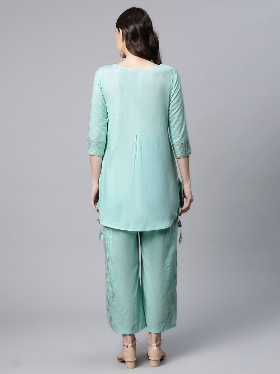Ahalyaa Women Teal Pure Cotton Gold Foil Printed Pakistani Style Kurta Palazzo Set | Grocsy