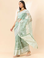 Green Organza Geometric Embroidered Saree with Unstitched Blouse Piece - Roozal | Grocsy