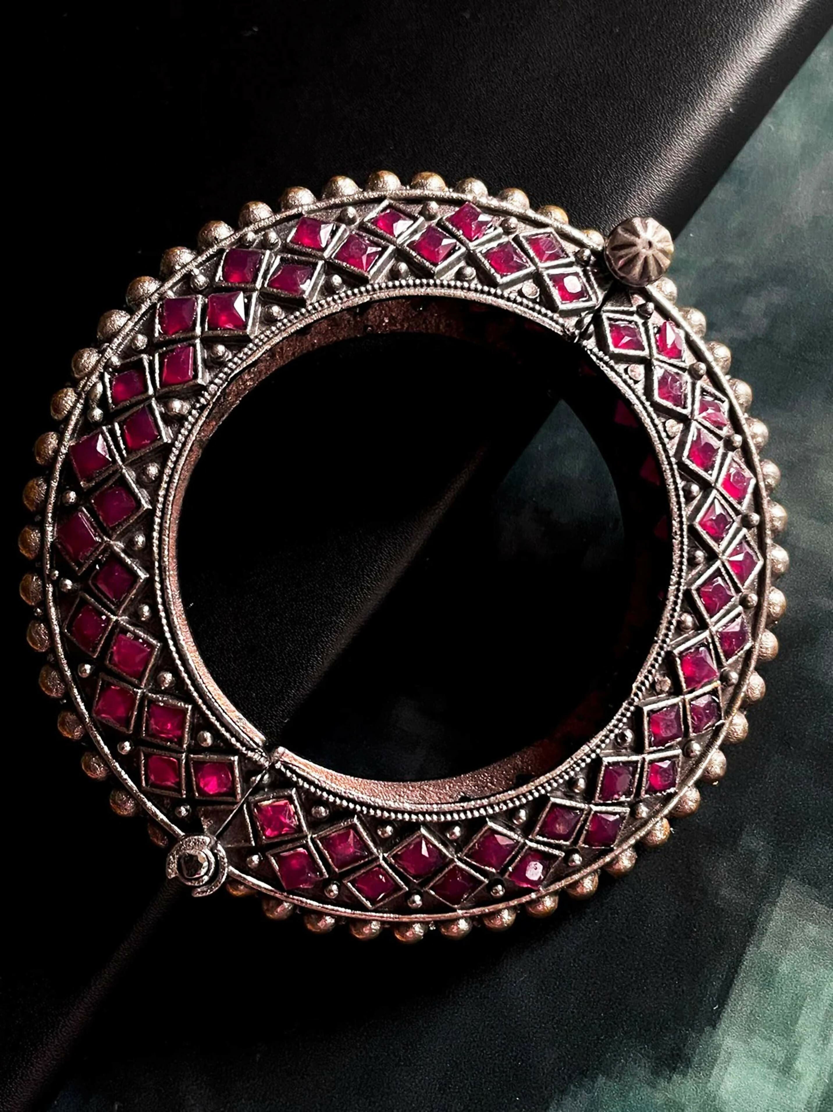 Joban Fashion Magenta Pink Brass Monalisa Stone Oxidized Heavy Party Wear Openable Kada | Grocsy