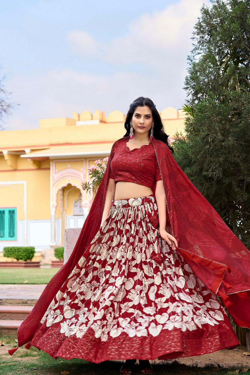 Vastranavya Ethnic Look Tussar Silk Floral Printed With Foil Work Indian Lehenga Choli - Red | Grocsy