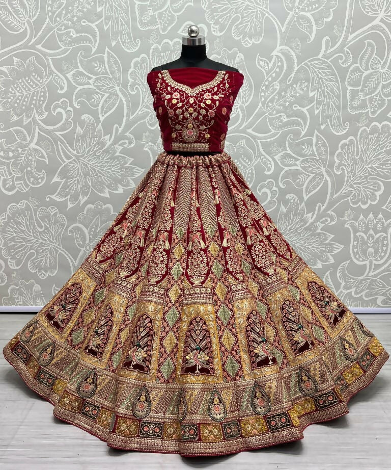 Jyoti Fashion Women's Rani Pink Velvet Fancy Dori, Zari with Multi Thread Embroidered Wedding Lehenga Choli | Grocsy