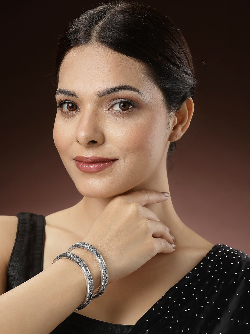 NVR Women's Silver-Toned German Silver Peacock Design Oxidised Kada Bangle