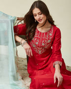 The52 Women's Beautiful Vichitra Fabric Embroidery Work Flared Anarkali Pant and Dupatta Set | Grocsy