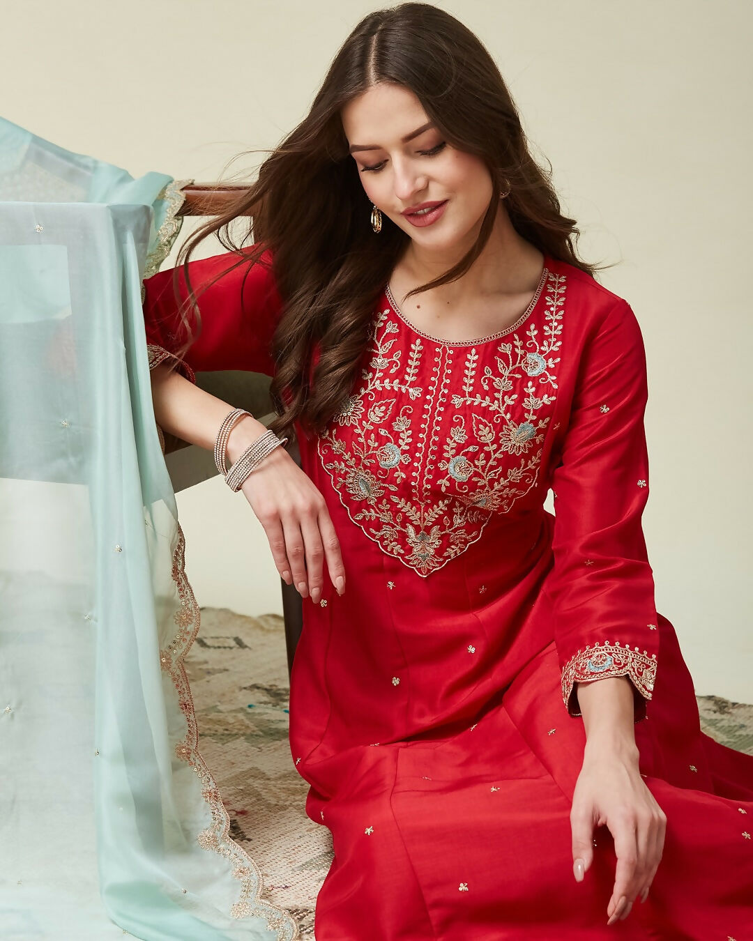 The52 Women's Beautiful Vichitra Fabric Embroidery Work Flared Anarkali Pant and Dupatta Set | Grocsy