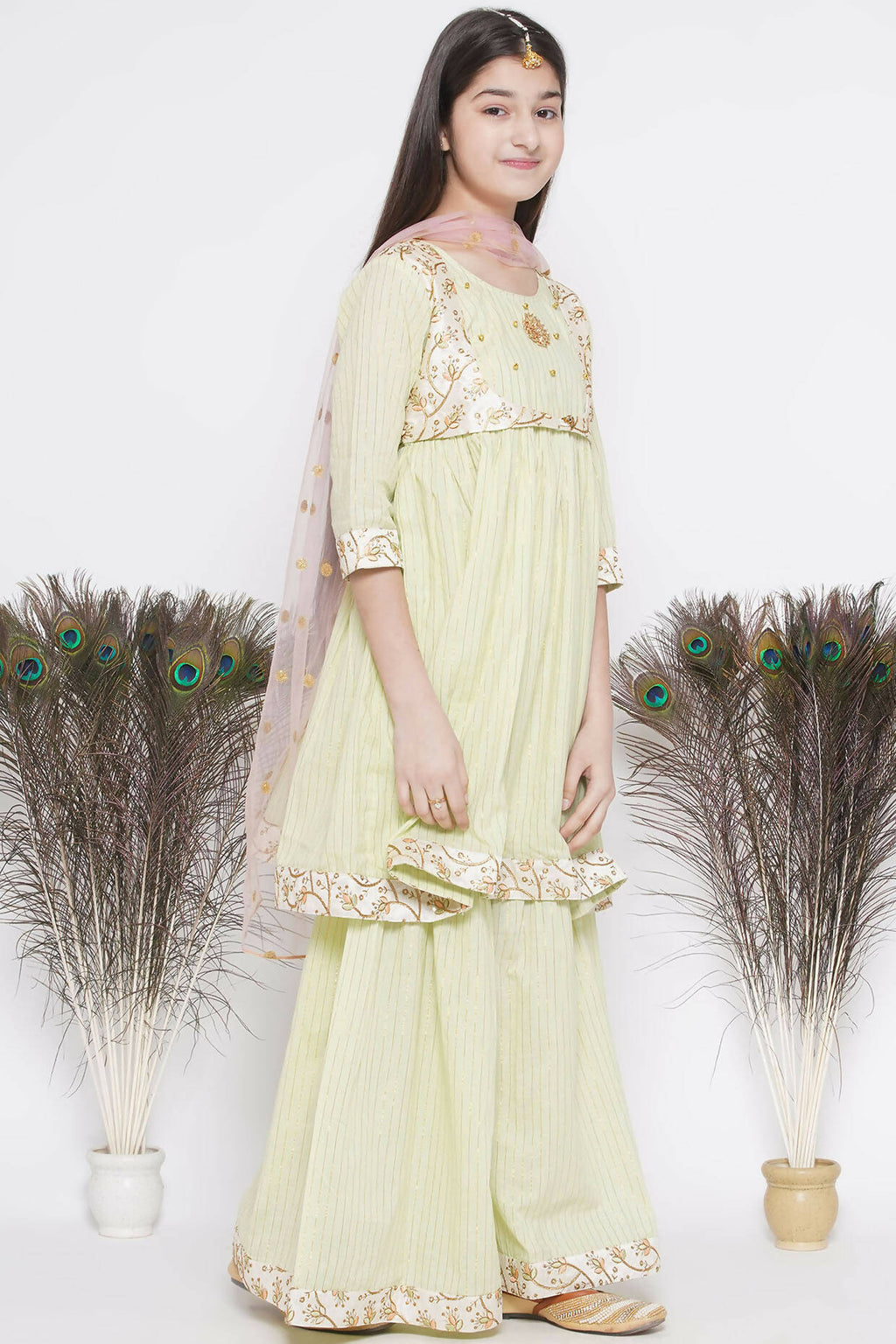 Little Bansi Floral Embroidery Jacket With Cotton Lurex Frock Sharara And Dupatta With Ghungroo Handwork - Bottle Green | Grocsy
