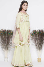 Little Bansi Floral Embroidery Jacket With Cotton Lurex Frock Sharara And Dupatta With Ghungroo Handwork - Bottle Green | Grocsy