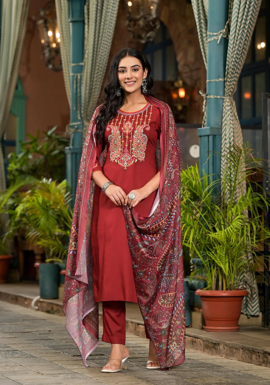 Juniper Women's Brown Thread Embroidered Liva Rayon Kurta Pant And Dupatta Set With Sequins | Grocsy
