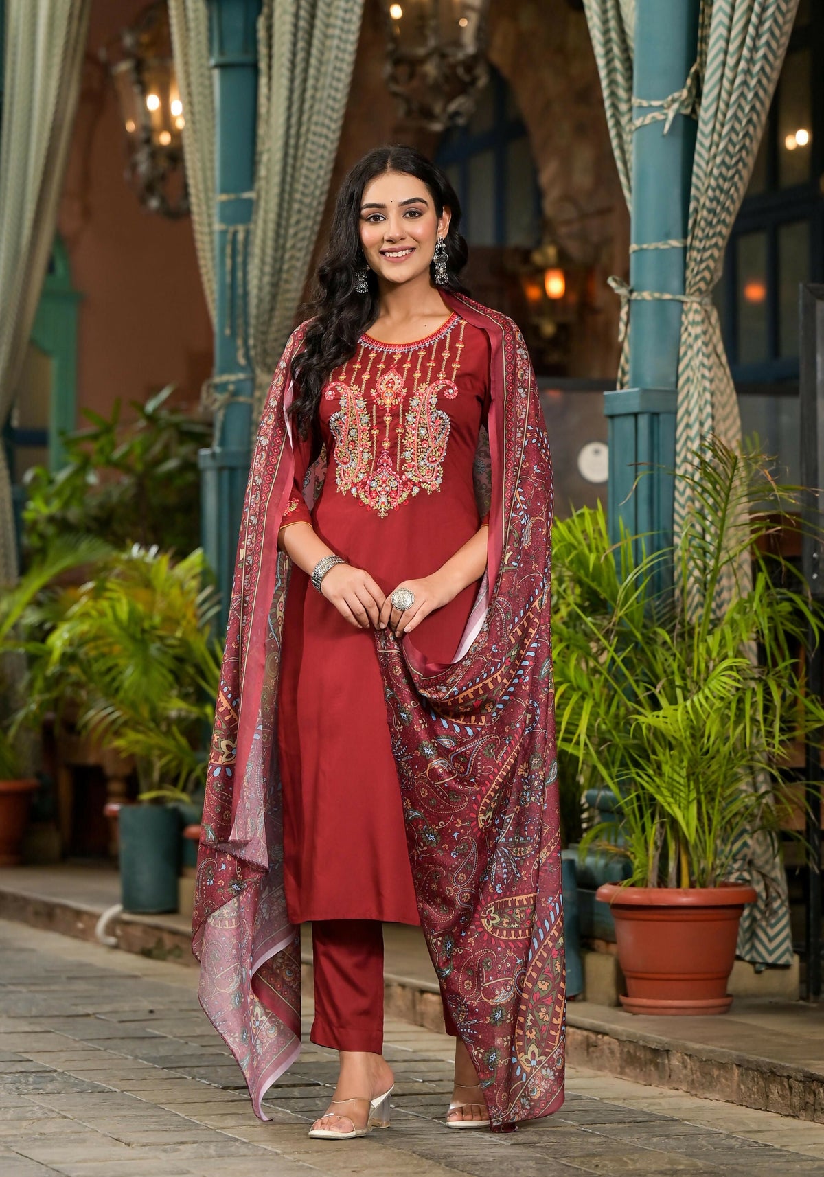 Juniper Women's Brown Thread Embroidered Liva Rayon Kurta Pant And Dupatta Set With Sequins | Grocsy