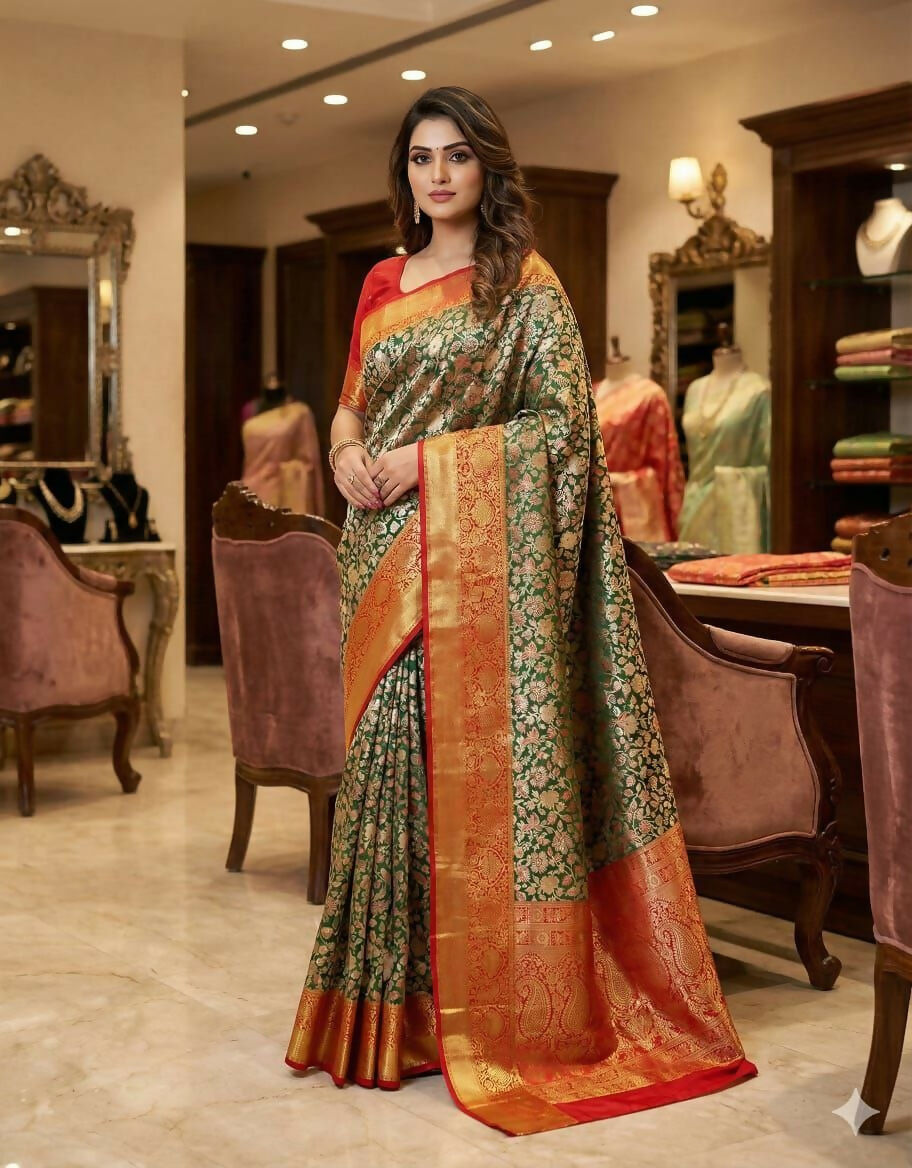 Prime Volt Royal Kanjivaram Silk Saree in Green with Floral Zari Weaving & Red-Gold Pallu-Golden Orange With Red Edges | Grocsy